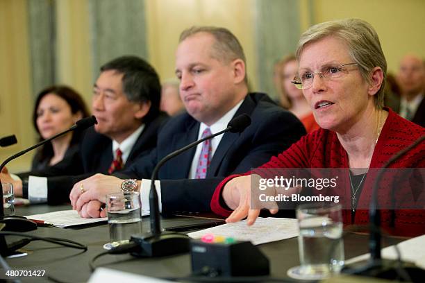 Ellen Richey, chief legal officer of Visa Inc., from right, John Mulligan, executive vice president and chief financial officer of Target Corp.,...