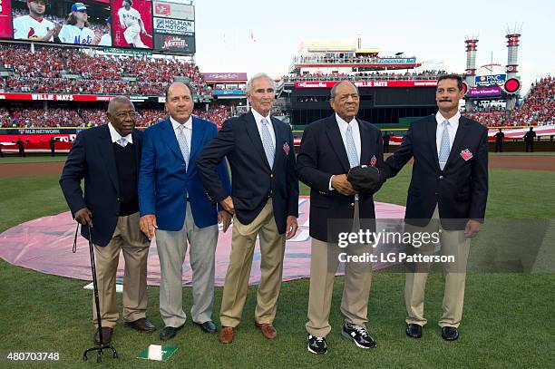 The Greatest Living Players pose for a photo on the field during the opening ceremony before the 86th MLB All-Star Game at Great American Ball Park...