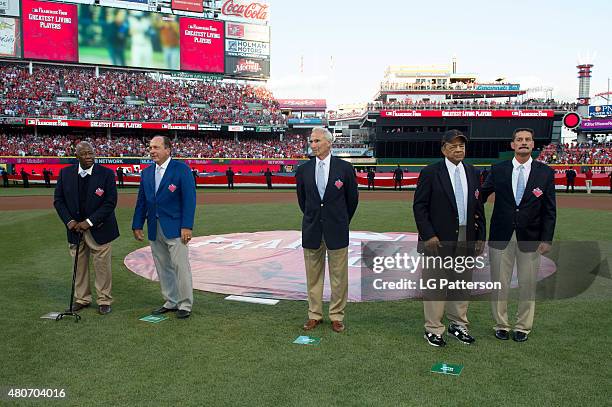 The Greatest Living Players are recognized on the field during the opening ceremony before the 86th MLB All-Star Game at Great American Ball Park in...