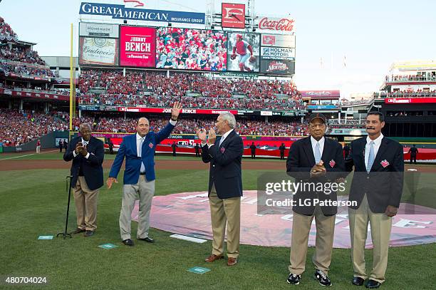 The Greatest Living Players are recognized on the field during the opening ceremony before the 86th MLB All-Star Game at Great American Ball Park in...