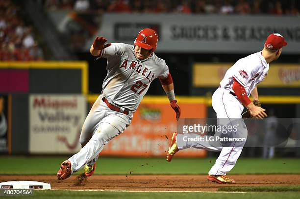 American League All-Star Mike Trout of the Los Angeles Angels of Anaheim rounds third base during the 86th MLB All-Star Game at Great American Ball...