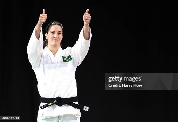 Mayra Aguiar of Brazil reacts to her silver medal in the minus 100kg judo during the 2015 Pan Am games at the Mississauga Sports Centre on July 14,...