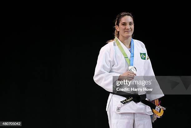 Mayra Aguiar of Brazil reacts to her silver medal in the minus 100kg judo during the 2015 Pan Am games at the Mississauga Sports Centre on July 14,...