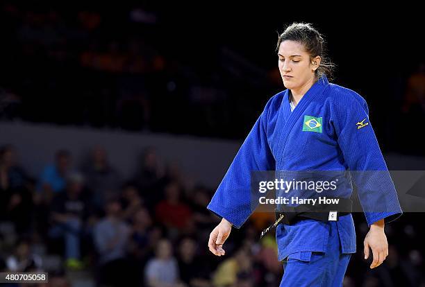 Mayra Aguiar of Brazil reacts during her gold medal match against Kayla Harrison of the United States of America in the minus 100kg judo during the...