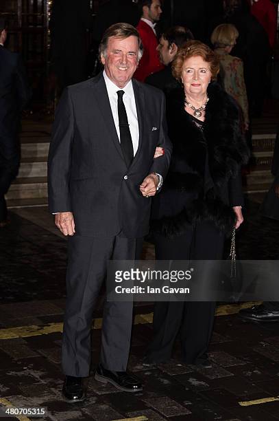 Sir Terry Wogan and Lady Helen Wogan attend the press night of "I Can't Sing! The X Factor Musical" at London Palladium on March 26, 2014 in London,...