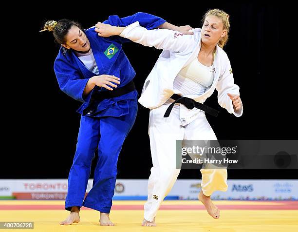 Kayla Harrison of the United States of America and Mayra Aguiar of Brazil compete in the minus 100kg judo gold medal match during the 2015 Pan Am...
