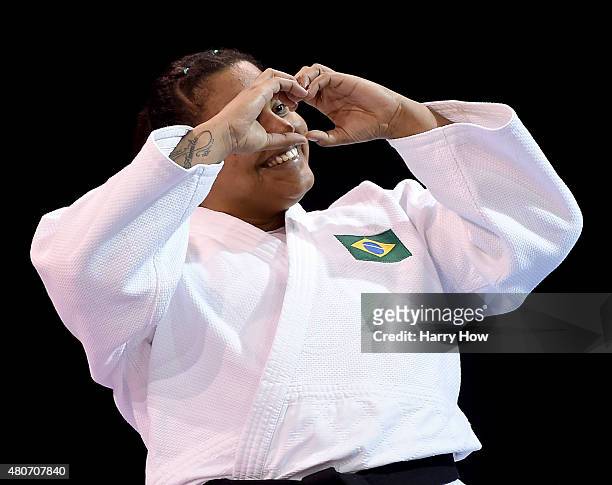 Maria Suelen Altheman of Brasil celebrates her bronze medal in the plus 78kg judo during the 2015 Pan Am games at the Mississauga Sports Centre on...