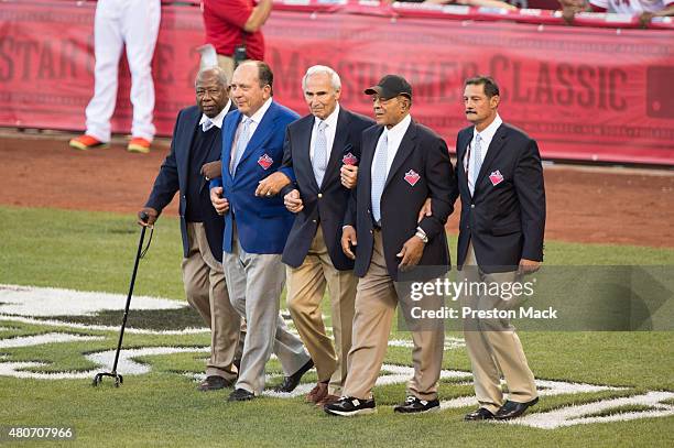 The Greatest Living Players take the field during the opening ceremony before the 86th MLB All-Star Game at Great American Ball Park in Cincinnati on...