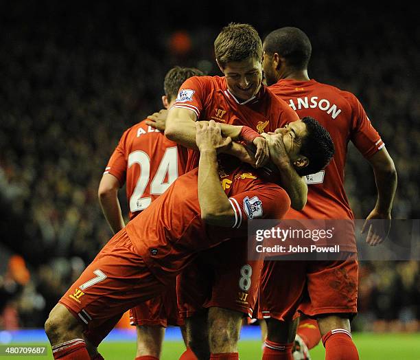 Steven Gerrard of Liverpool celebrates his goal with Luis Suarez during the Barclays Premier Leauge match between Liverpool and Sunderland at Anfield...