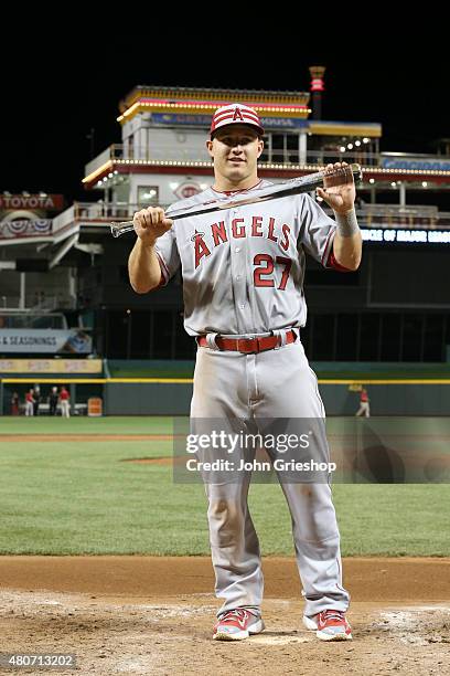 American League All-Star Mike Trout of the Los Angeles Angels of Anaheim poses with the MVP Trophy after being name MVP of the 86th MLB All-Star Game...