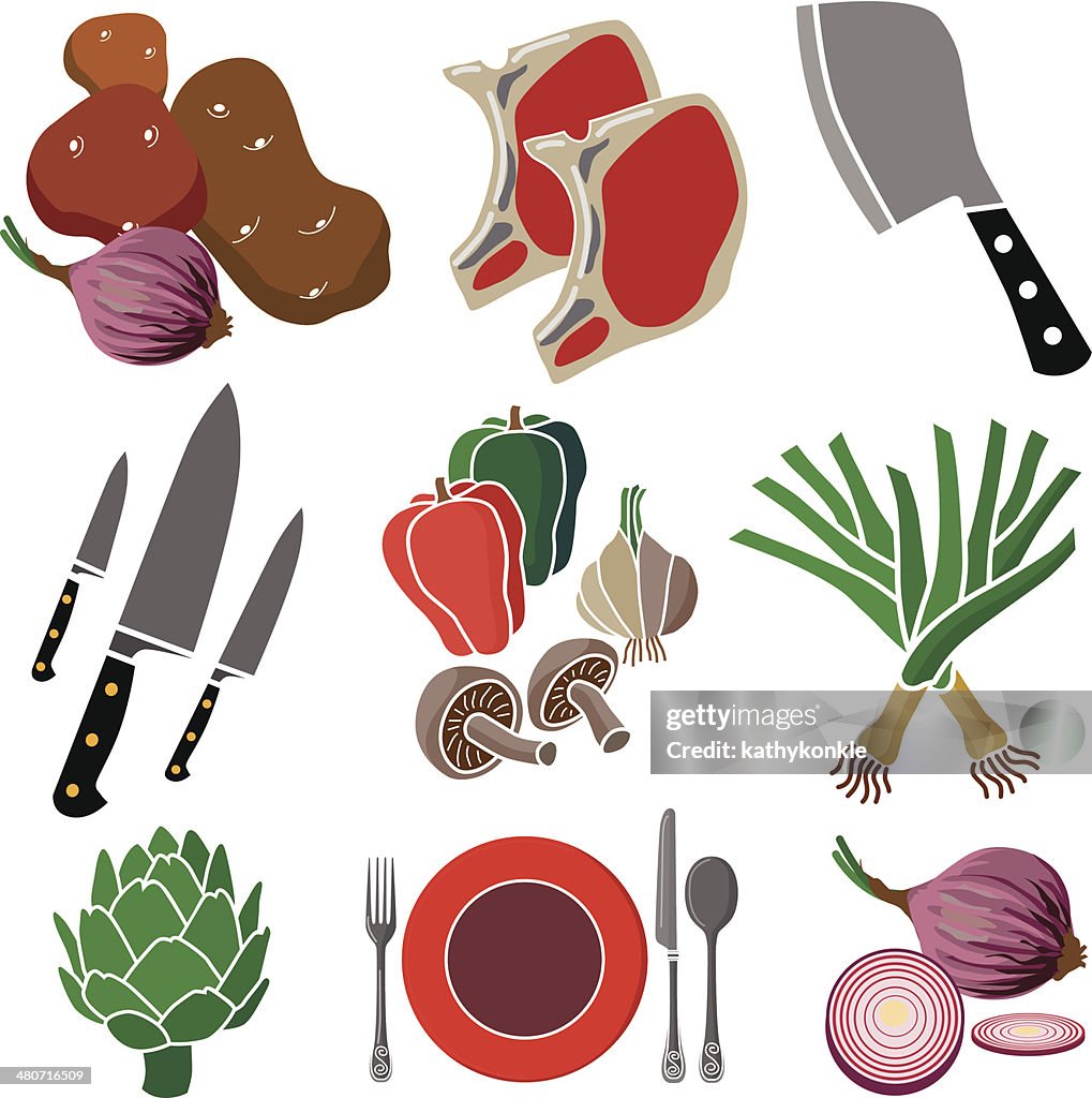 Pork chop dinner icon set