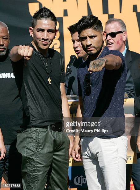 Leo Santa Cruz and Abner Mares attend a press conference hosted by Leo Santa Cruz and Abner Mares at Plaza Mexico on July 14, 2015 in Lynwood,...
