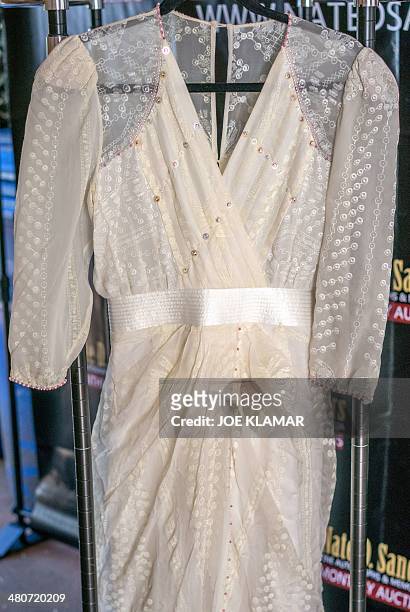 Handmade dress by designer Zandra Rhodes, worn by Princess Diana during a 1987 benefit in London, is displayed at Nate D. Sanders auction in Los...