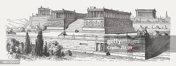acropolis of pergamon, published in 1881 - berlin museum island stock illustrations