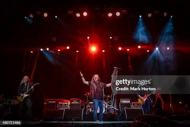 Rickey Medlocke, Johnny Van Zant and Gary Rossington of Lynyrd Skynyrd perform on Day 6 of the RBC Royal Bank Bluesfest on July 14, 2015 in Ottawa,...