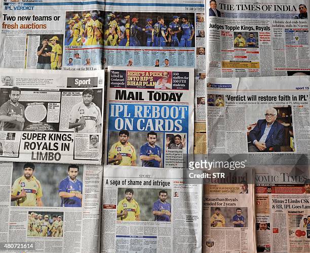 This photo illustration taken in New Delhi on July 15 shows Indian media coverage of the suspension of the Chennai Super Kings and Rajasthan Royals...