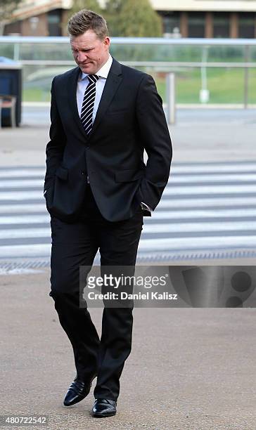 Magpies head coach Nathan Buckley arrives at the memorial for Phil Walsh service at the Adelaide Oval on July 15, 2015 in Adelaide, Australia. The...