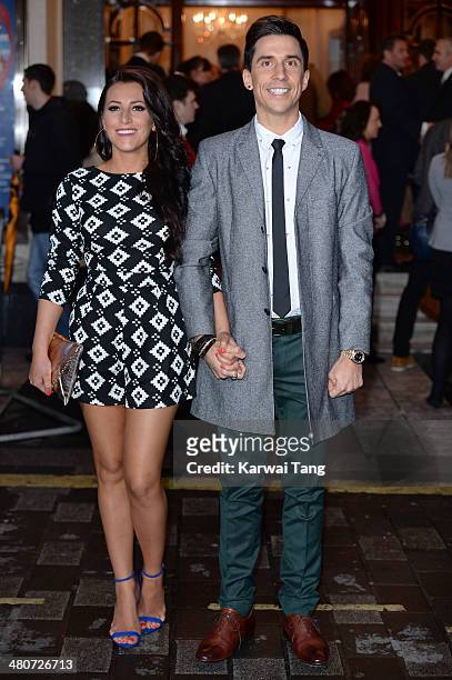 Lindsey Cole and Russell Kane attend the press night of "I Can't Sing! The X Factor Musical" at London Palladium on March 26, 2014 in London, England.