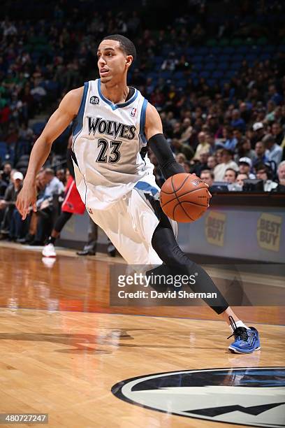 Kevin Martin of the Minnesota Timberwolves drives against the Atlanta Hawks on March 26, 2014 at Target Center in Minneapolis, Minnesota. NOTE TO...