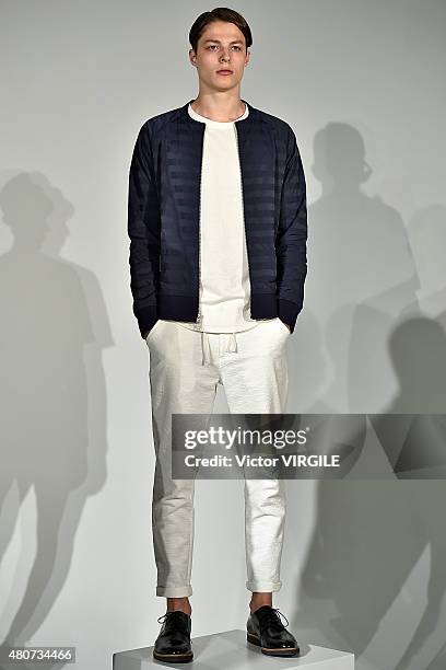 Model walks the runway at the Matiere Presentation during New York Fashion Week: Men's S/S 2016 at Industria Superstudio on July 13, 2015 in New York...