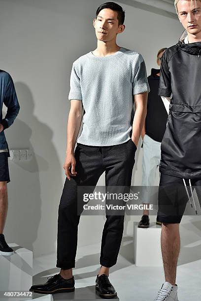 Model walks the runway at the Matiere Presentation during New York Fashion Week: Men's S/S 2016 at Industria Superstudio on July 13, 2015 in New York...