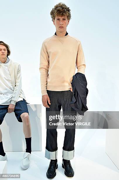 Model walks the runway at the Plac Presentation during New York Fashion Week: Men's S/S 2016at Industria Superstudio on July 13, 2015 in New York...