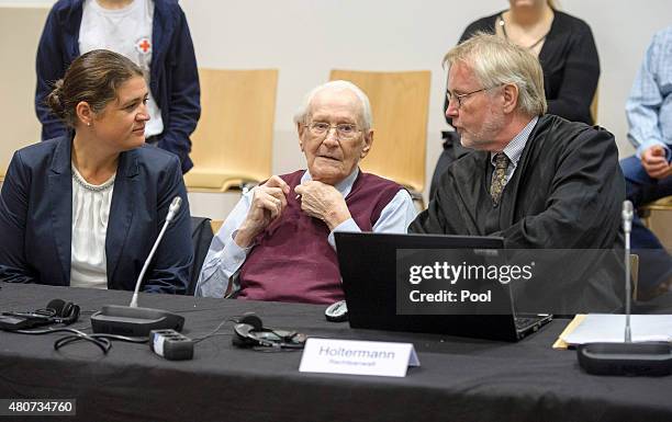 Oskar Groening a former member of the Waffen-SS who worked at the Auschwitz concentration camp during World War II, awaits the verdict in his trial...