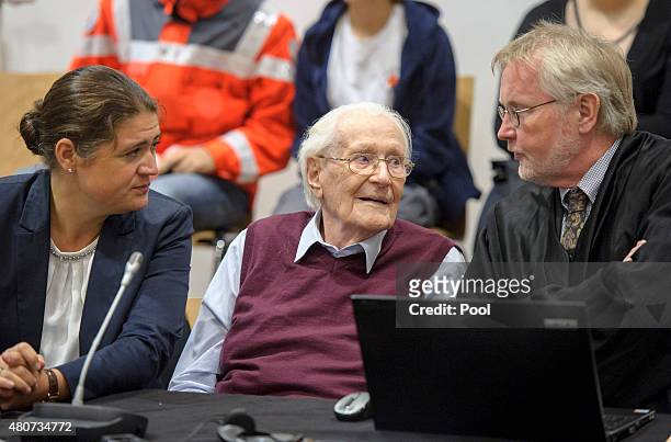 Oskar Groening a former member of the Waffen-SS who worked at the Auschwitz concentration camp during World War II, awaits the verdict in his trial...