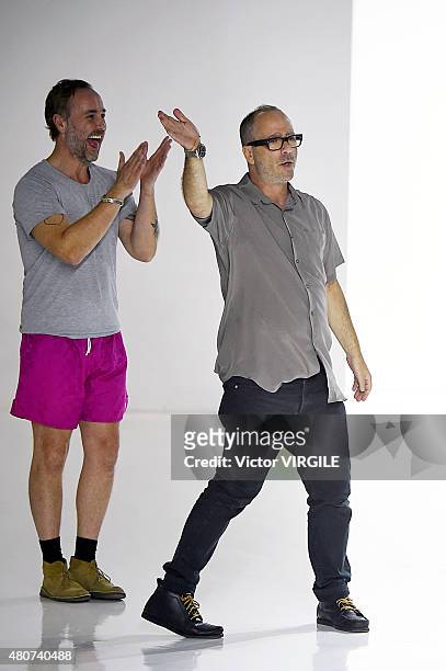 Designers Steven Cox and Daniel Silver walk the runway at the Duckie Brown presentation during New York Fashion Week: Men's S/S 2016 at Skylight...
