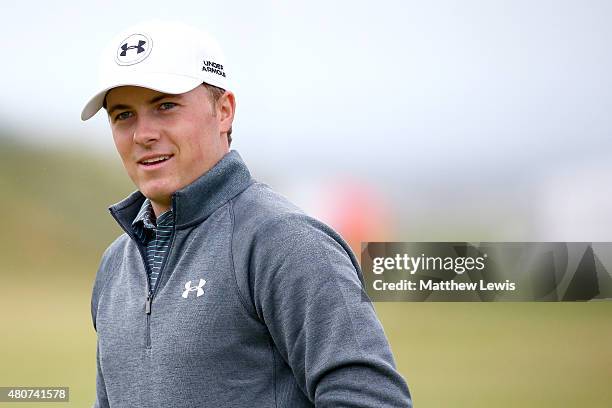 Jordan Spieth of the United States looks on during practice ahead of the 144th Open Championship at The Old Course on July 15, 2015 in St Andrews,...