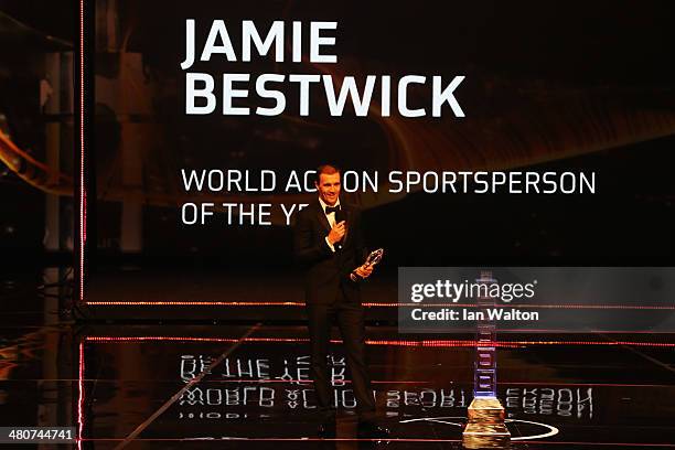 Cyclist Jamie Bestwick speaks on stage after accepting the Laureus World Action Sportsperson of the Year award during the 2014 Laureus World Sports...