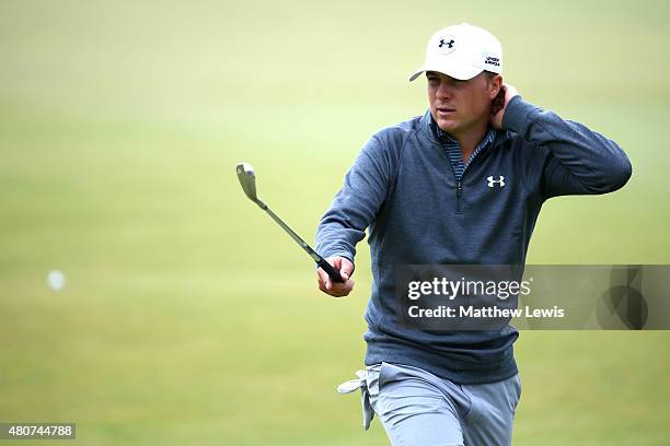 Jordan Spieth of the United States assesses a shot during practice ahead of the 144th Open Championship at The Old Course on July 15, 2015 in St...