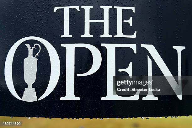 The Open logo is seen after rain ahead of the 144th Open Championship at The Old Course on July 15, 2015 in St Andrews, Scotland.
