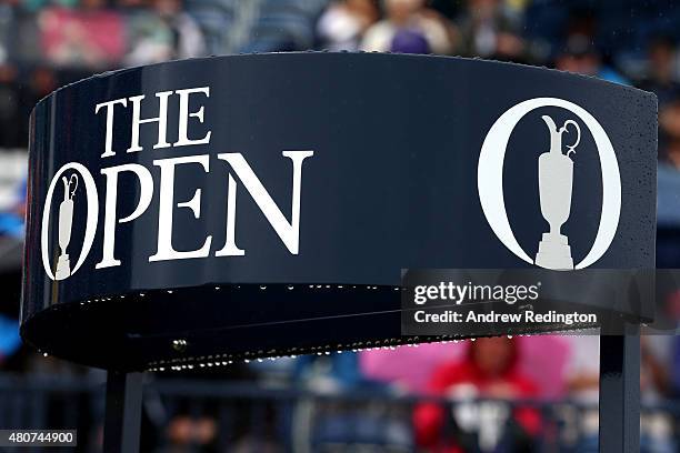 The Open logo is seen after rain ahead of the 144th Open Championship at The Old Course on July 15, 2015 in St Andrews, Scotland.