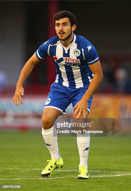 Louis Robles of Wigan Athletic in action during the pre season friendly between Altrincham and Wigan Athletic at the J Davidson stadium on July 14,...