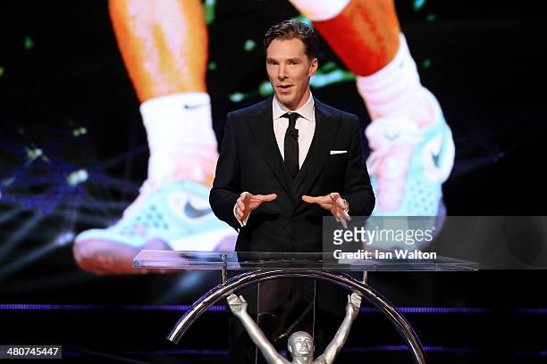 Host Benedict Cumberbatch speaks during the 2014 Laureus World Sports Award show at the Istana Budaya Theatre on March 26, 2014 in Kuala Lumpur,...