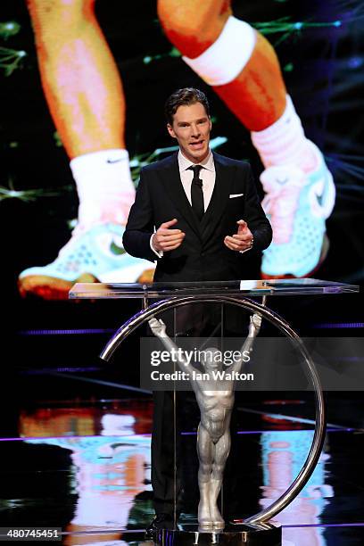 Host Benedict Cumberbatch speaks during the 2014 Laureus World Sports Award show at the Istana Budaya Theatre on March 26, 2014 in Kuala Lumpur,...