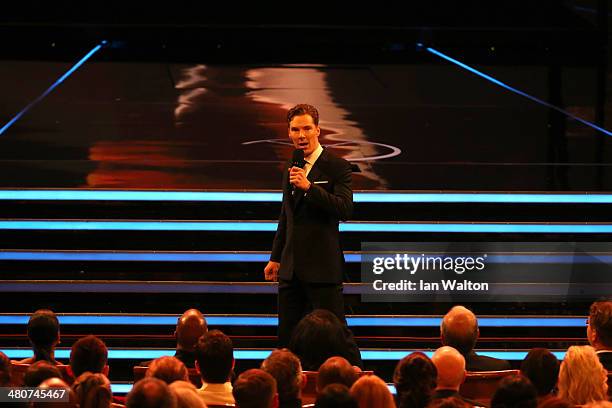 Host Benedict Cumberbatch speaks during the 2014 Laureus World Sports Award show at the Istana Budaya Theatre on March 26, 2014 in Kuala Lumpur,...