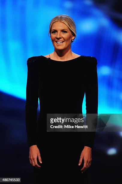 Stephanie Gilmore speaks in stage during the 2014 Laureus World Sports Award show at the Istana Budaya Theatre on March 26, 2014 in Kuala Lumpur,...