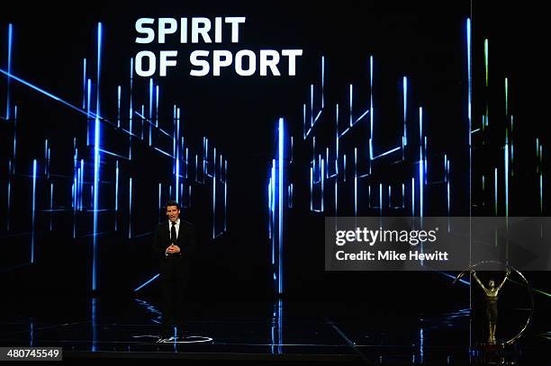 Laureus Academy member Lord Sebastian Coe speaks on stage during the 2014 Laureus World Sports Award show at the Istana Budaya Theatre on March 26,...