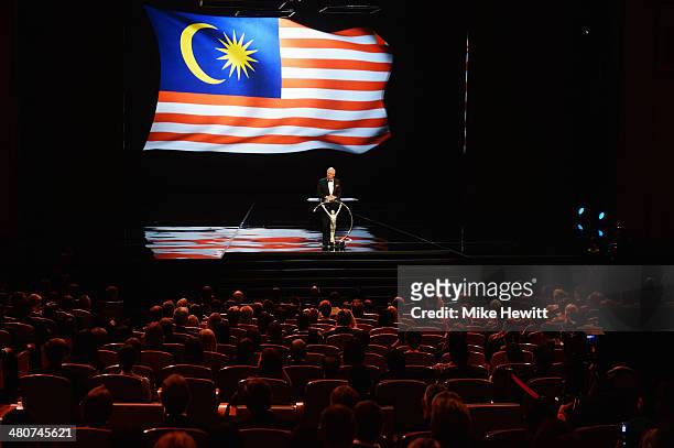 Malaysian prime minister Tun Abdul Razak speaks on stage during the 2014 Laureus World Sports Award show at the Istana Budaya Theatre on March 26,...
