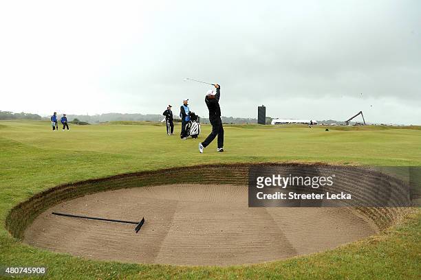 Stewart Cink of the United States plays a shot on the 5th hole during practice ahead of the 144th Open Championship at The Old Course on July 15,...