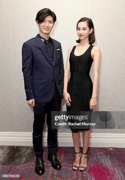 Actors Haruma Miura and Kiko Mizuhara attend the "ATTACK ON TITAN" World Premiere press conference on July 14, 2015 in Hollywood, California.