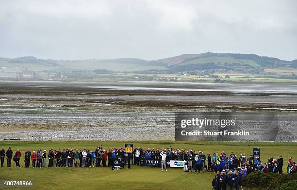Bubba Watson of the United States tees off while playing a practice round ahead of the 144th Open Championship at The Old Course on July 15, 2015 in...