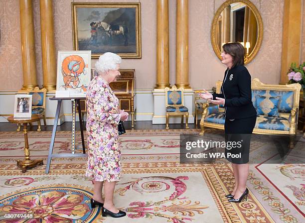 Queen Elizabeth II receives the President of the Republic of Kosovo Atifete Jahjaga during an audience at Buckingham Palace on July 15, 2015 in...