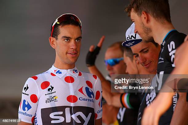Richie Porte of Australia and Team Sky wears the polka dot jersey before stage eleven of the 2015 Tour de France, a 188 km stage between Pau and...