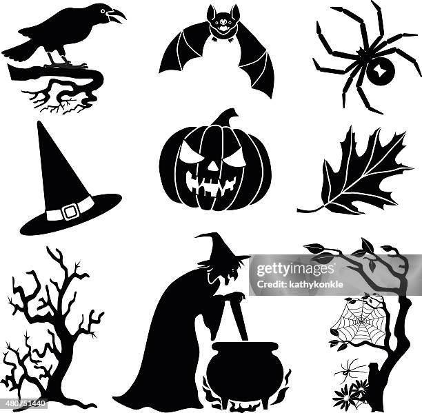 halloween vector icons in black and white - perching stock illustrations