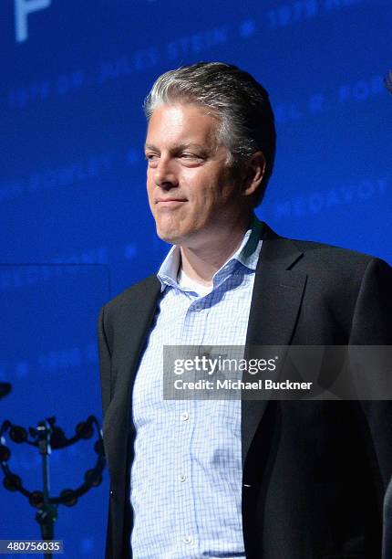 Dolby Laboratories, Inc. Cinema SVP Doug Darrow onstage during the 2014 Will Rogers Pioneer of the Year Dinner Honoring Tom Sherak during...