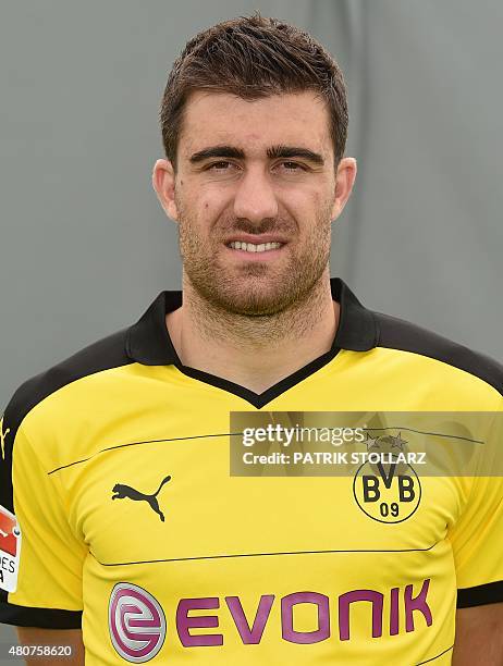 Dortmund's Greek defender Sokratis poses during the team presentation of German first division Bundesliga football club Borussia Dortmund at the...