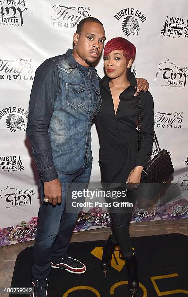 Player Shannon Brown and recording artist Monica Brown attend Tiny Harris Celebrity Birthday Celebration at Scales 925 on July 14, 2015 in Atlanta,...